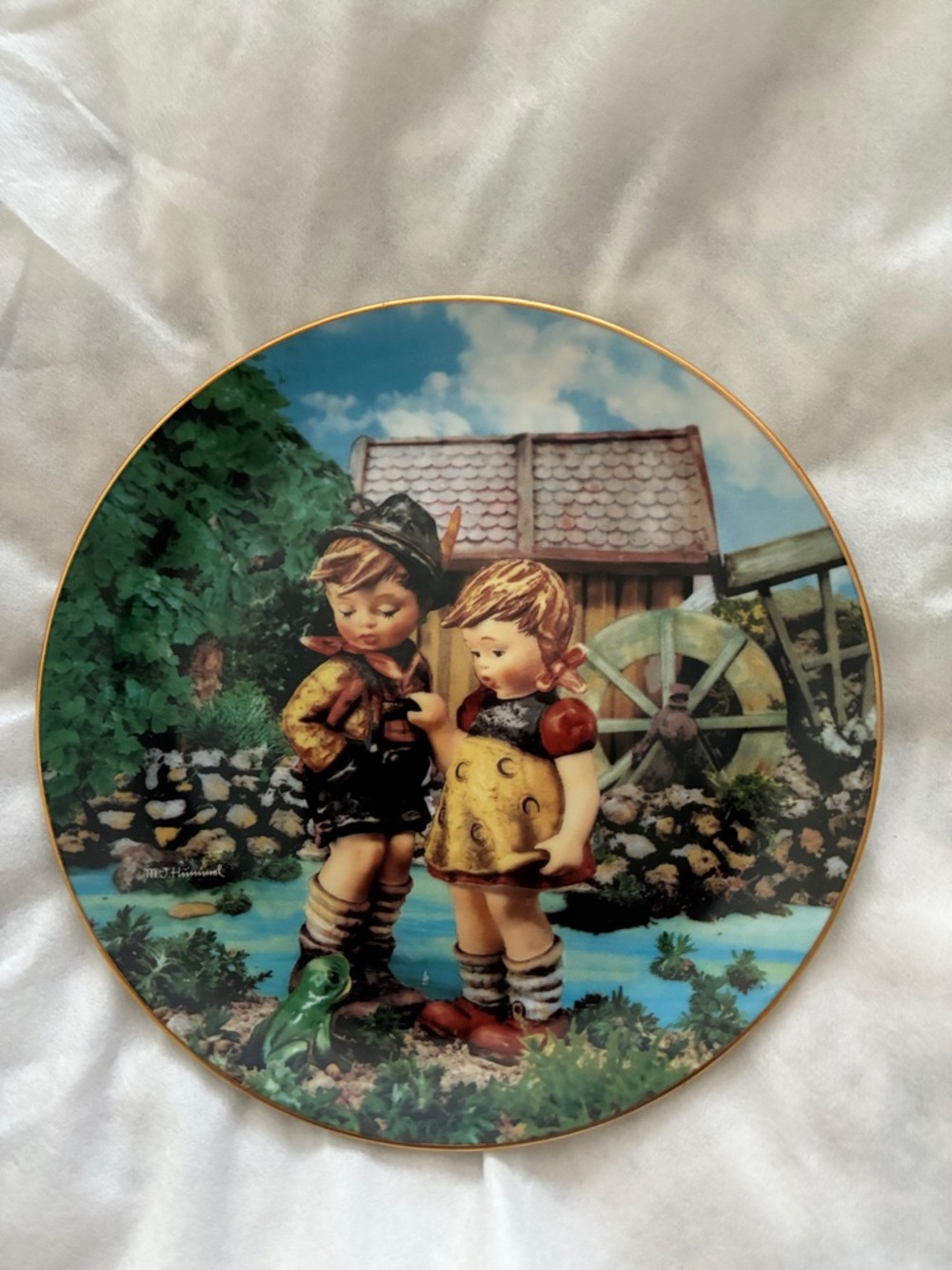 Hummel Plate with Children by Waterwheel in Blue, Green and Gold
